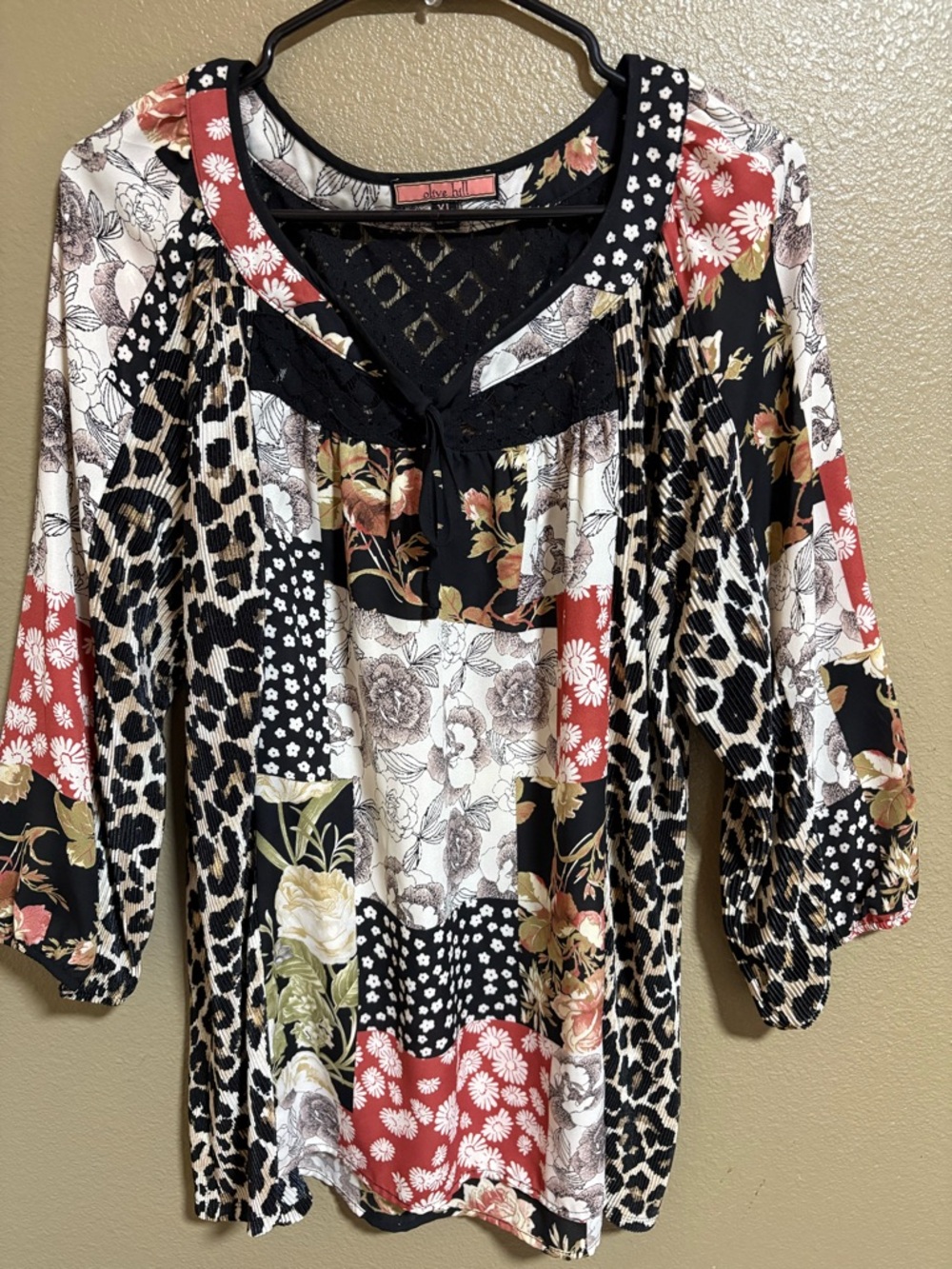 Olive Hill Anthropologie Patchwork Floral Leopard Print Tunic Top Sz XL